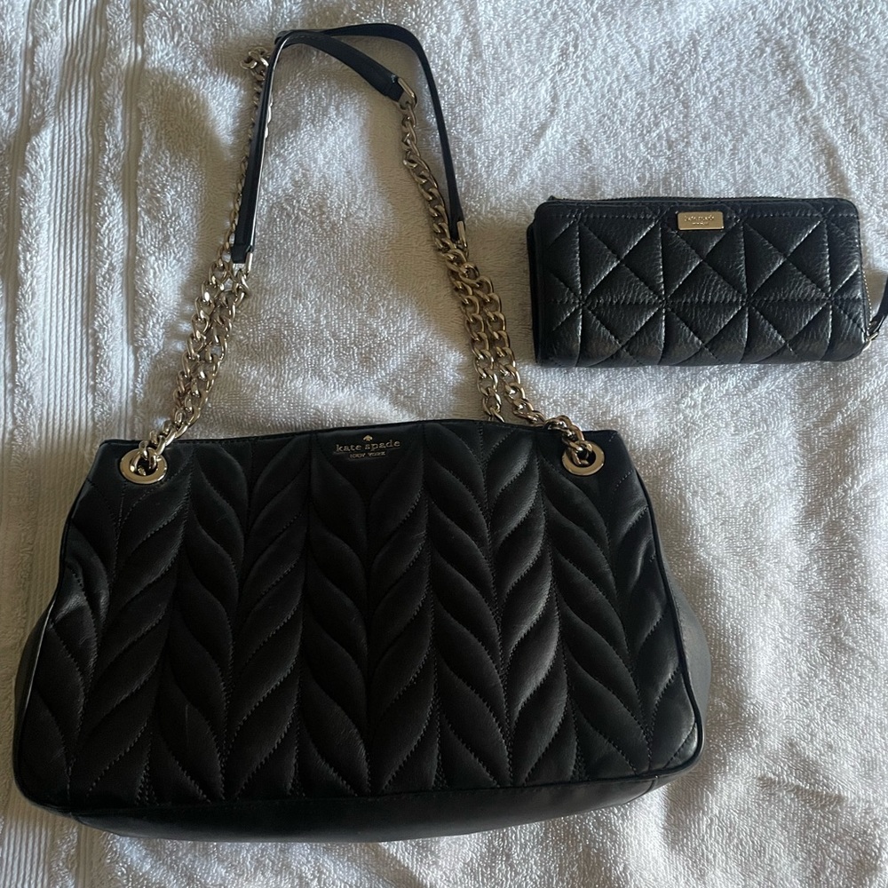 Black quilted Kate spade bag with chain and wallet